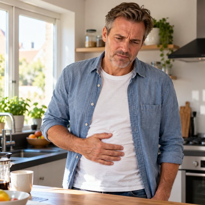 Man met een onrustig gevoel in de buik in de keuken