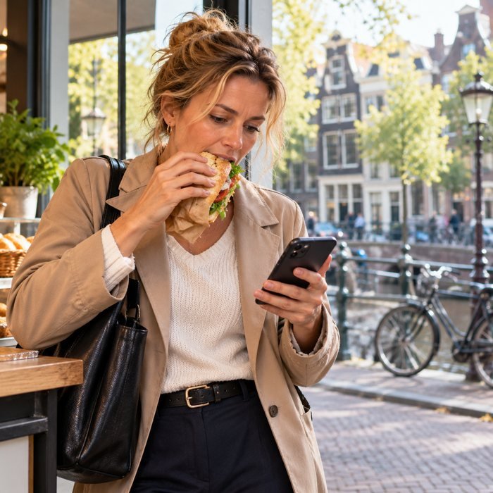 Vrouw eet snel een broodje onderweg in Amsterdam